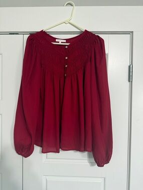 Ces Femme Burgundy Smocked Yoke Long-Sleeve Blouse